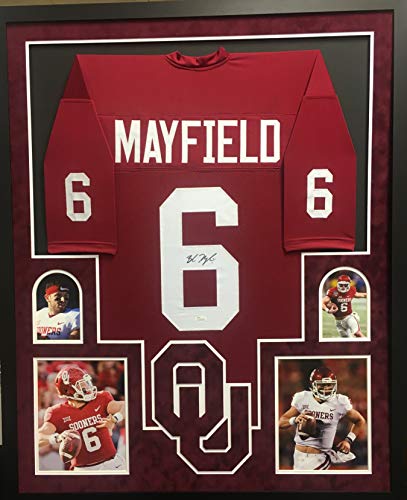 Baker Mayfield Oklahoma Sooners Autograph Signed Custom Framed Jersey Suede Matted 4 Picture JSA Witnessed Certified