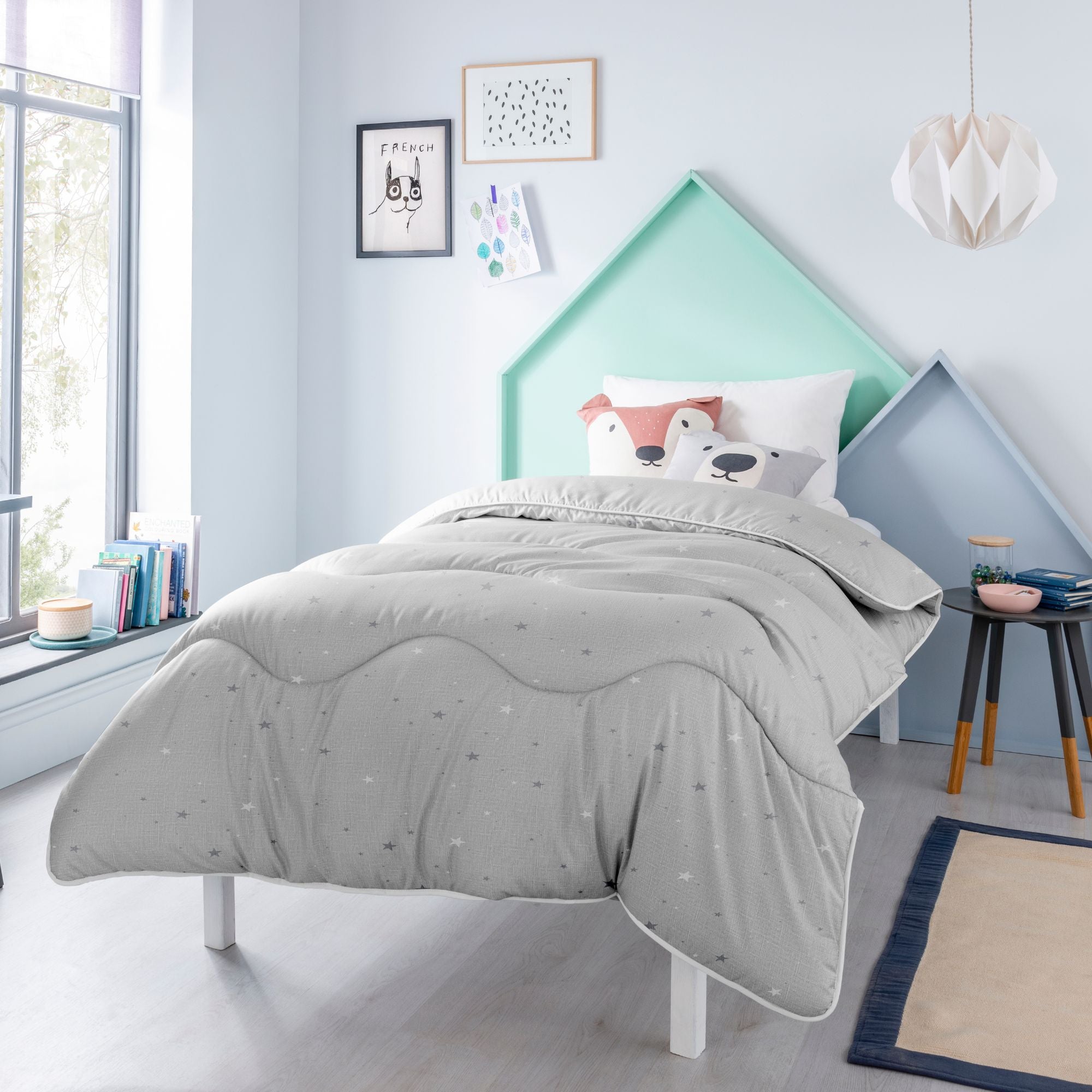 Night Owl Junior Childrens Grey Star Coverless Duvet Pillowcase Set Single Bed Size