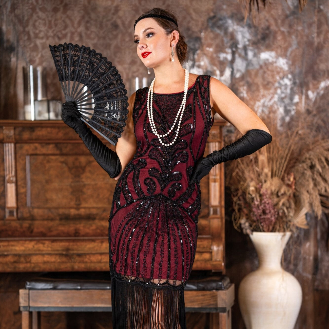 Allegra 1920s Flapper Dress - Wine Red