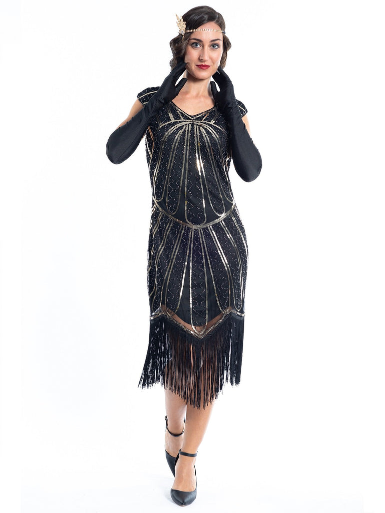 1920s Black and Gold Beaded Charlotte Flapper Dress - Flapper Boutique