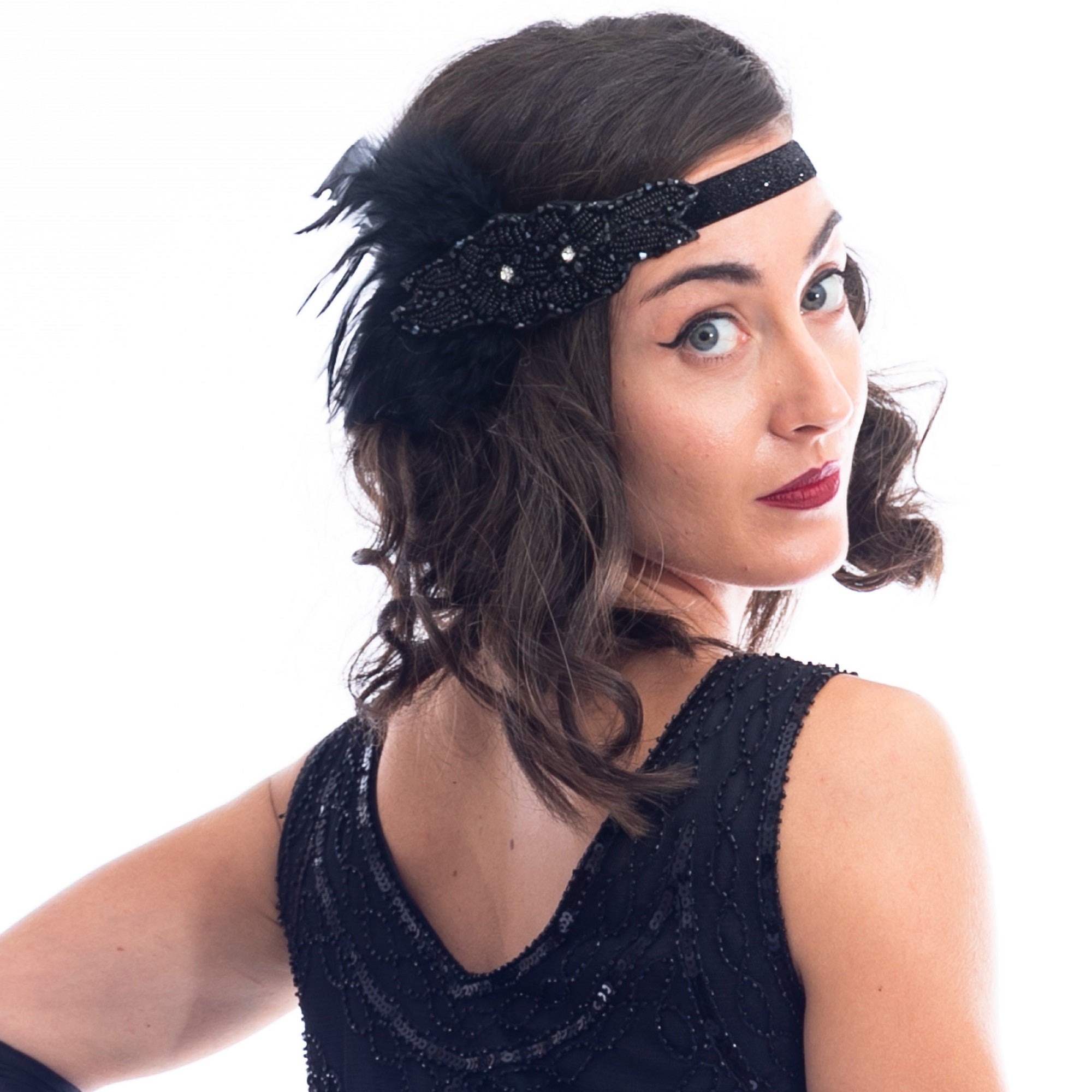 1920s Black Beaded Rhinestone & Feather Headband