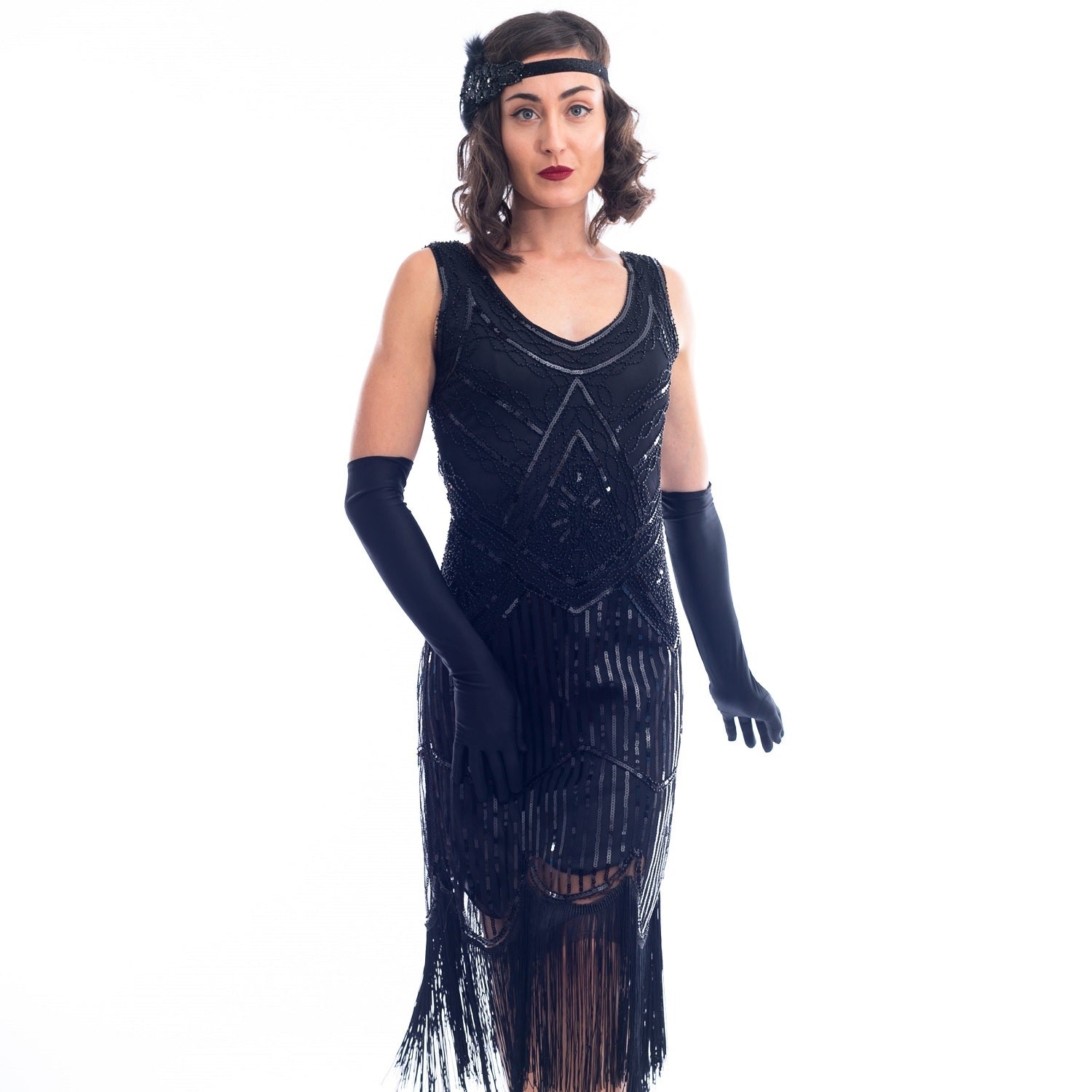 1920s Black Beaded Sequin Stella Flapper Dress