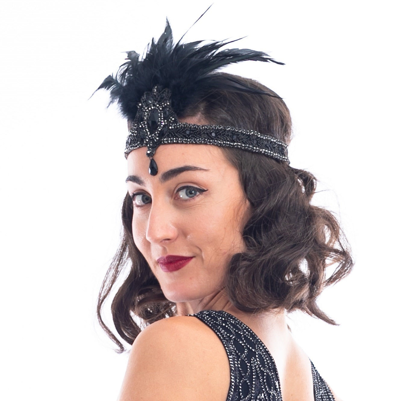 1920s Black Gem & Feather Headband