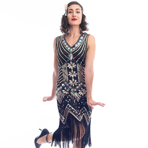 1920s Black & Gold Beaded Ella Flapper Dress – Flapper Boutique