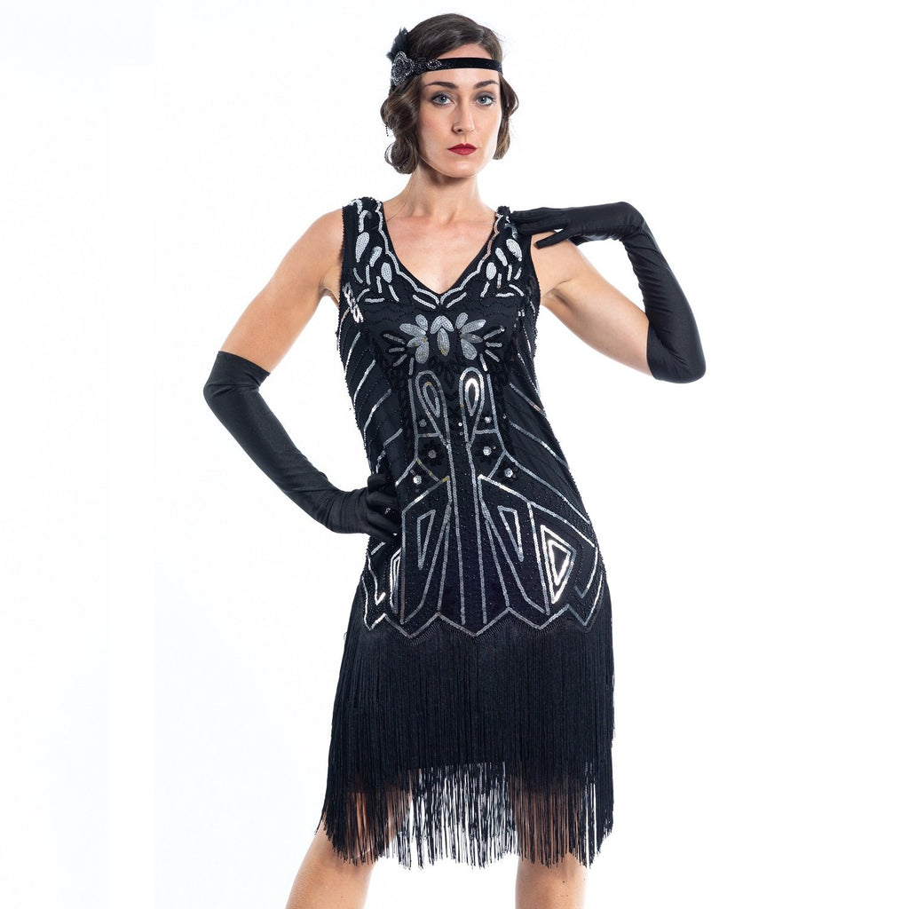 1920s Black & Silver Georgia Beaded Flapper Dress - Flapper Boutique