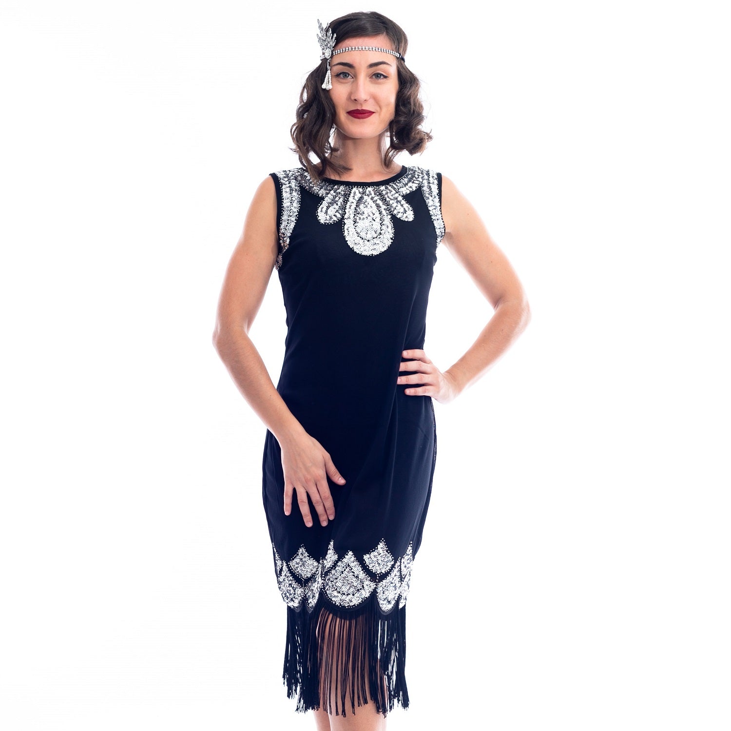 1920s Black & Silver Sequin Emilia Flapper Dress