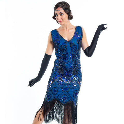 1920s Blue Beaded Mila Gatsby Dress - Flapper Boutique