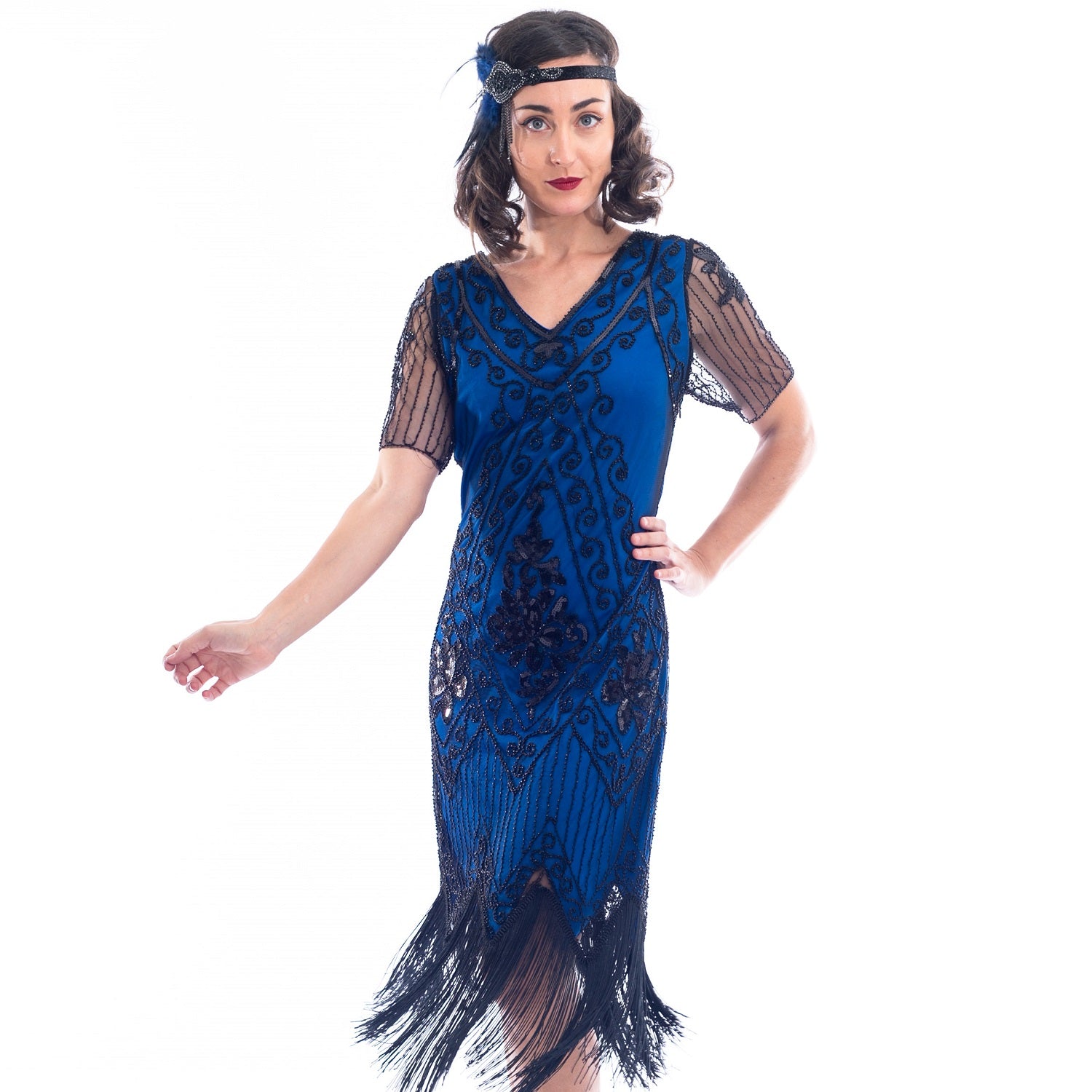 1920s Blue & Black Beaded Evelyn Flapper Dress