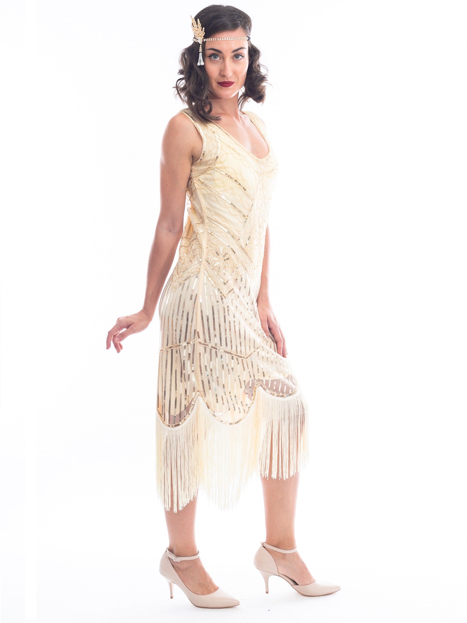 1920s Cream & Gold Beaded Stella Flapper Dress