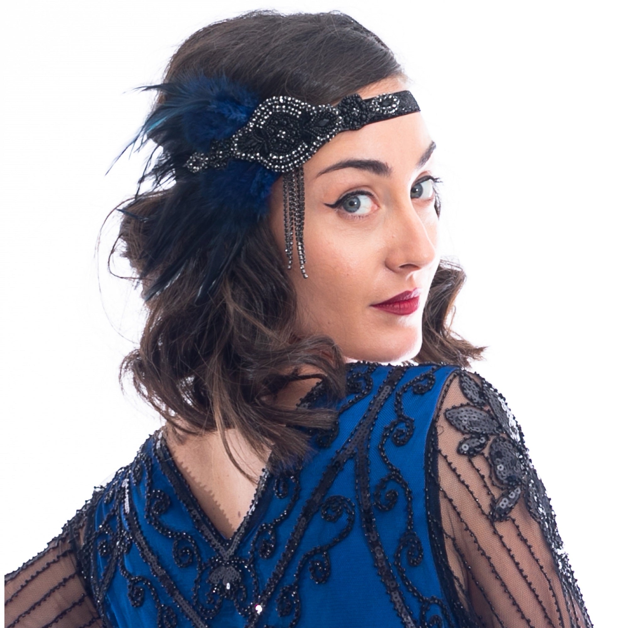 1920s Deco & Blue Feather Flapper Headpiece