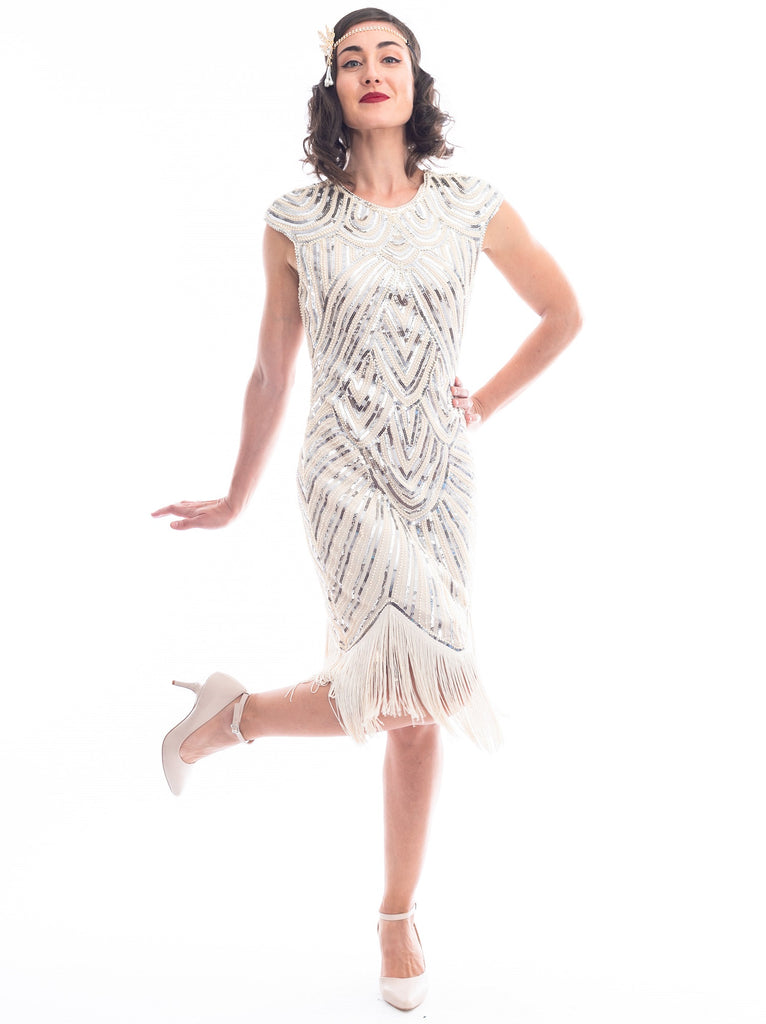 white beaded flapper dress