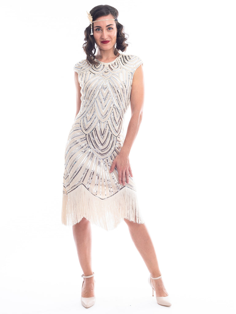 white beaded flapper dress