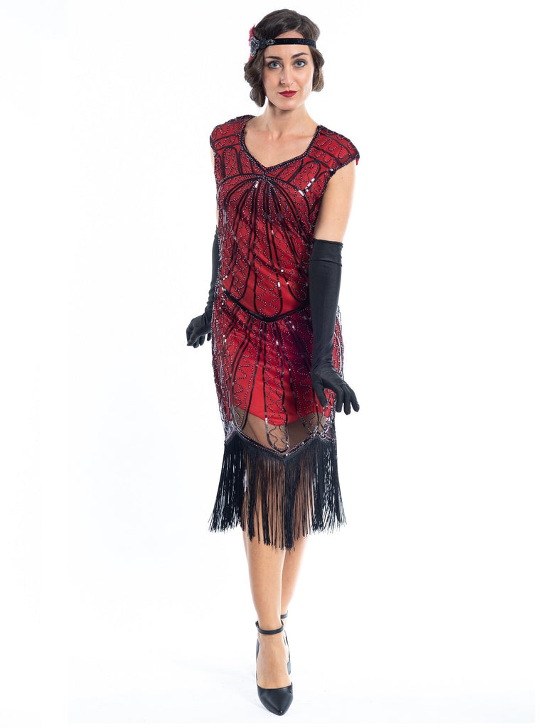 1920s Red Beaded Charlotte Flapper Dress - Flapper Boutique