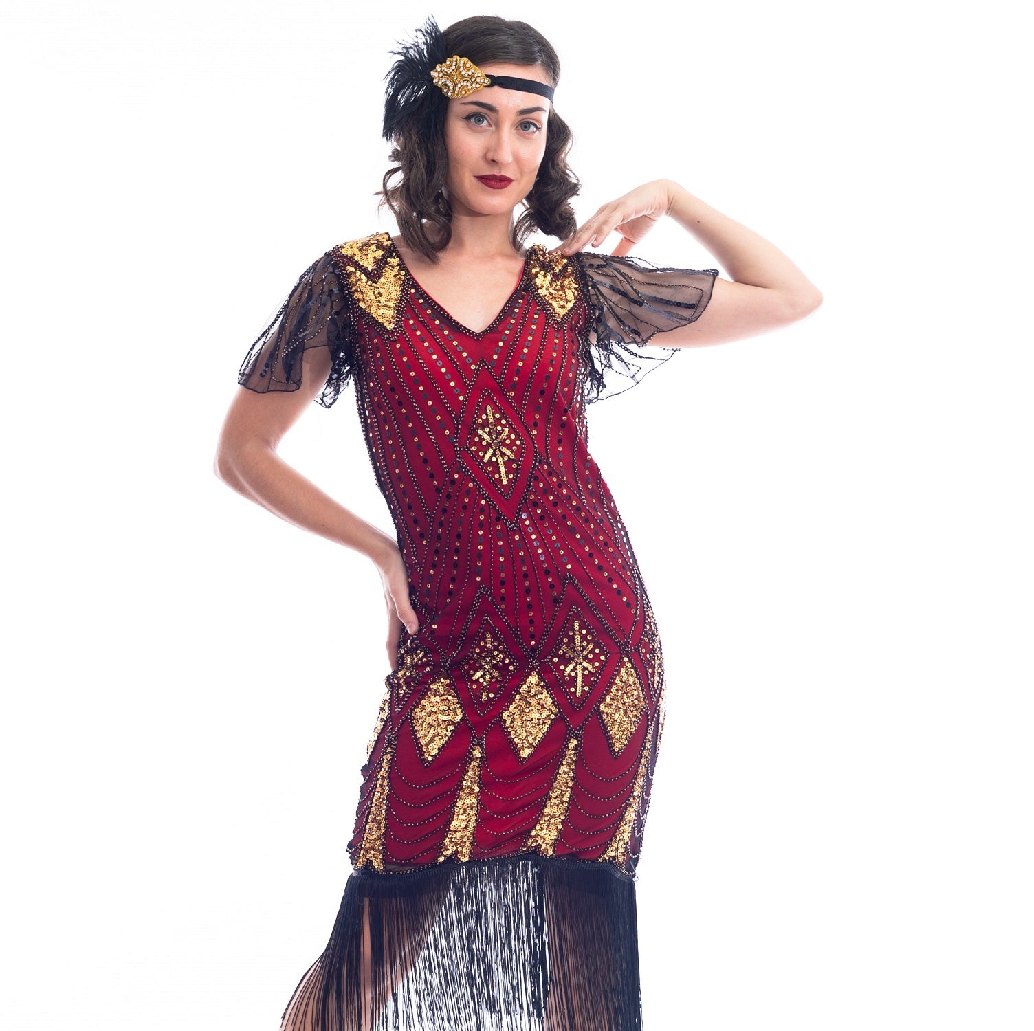 1920s Red & Gold Beaded Louise Gatsby Dress