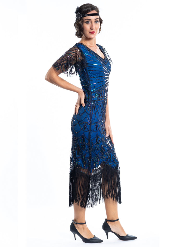 1920s Vintage Blue Beaded Estelle Gatsby Dress - Flapper Boutique