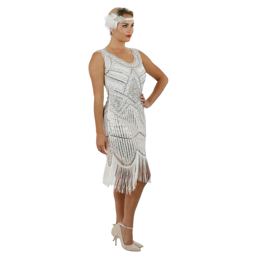 1920s White Beaded Sequin Stella Flapper Dress 1490