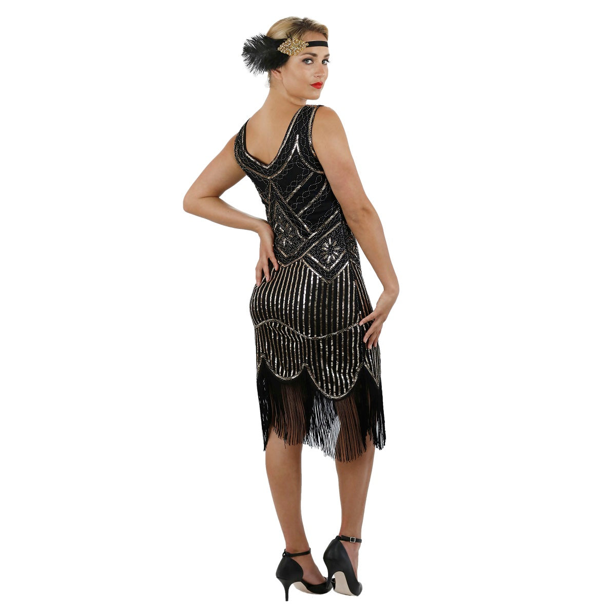 1920s Black Gold Beaded Sequin Stella Flapper Dress