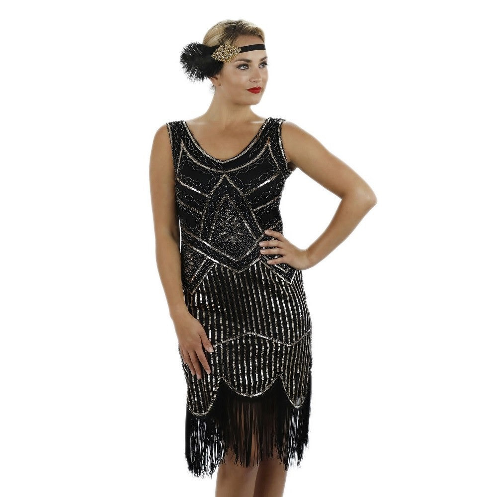 1920s Black Gold Beaded Sequin Stella Flapper Dress