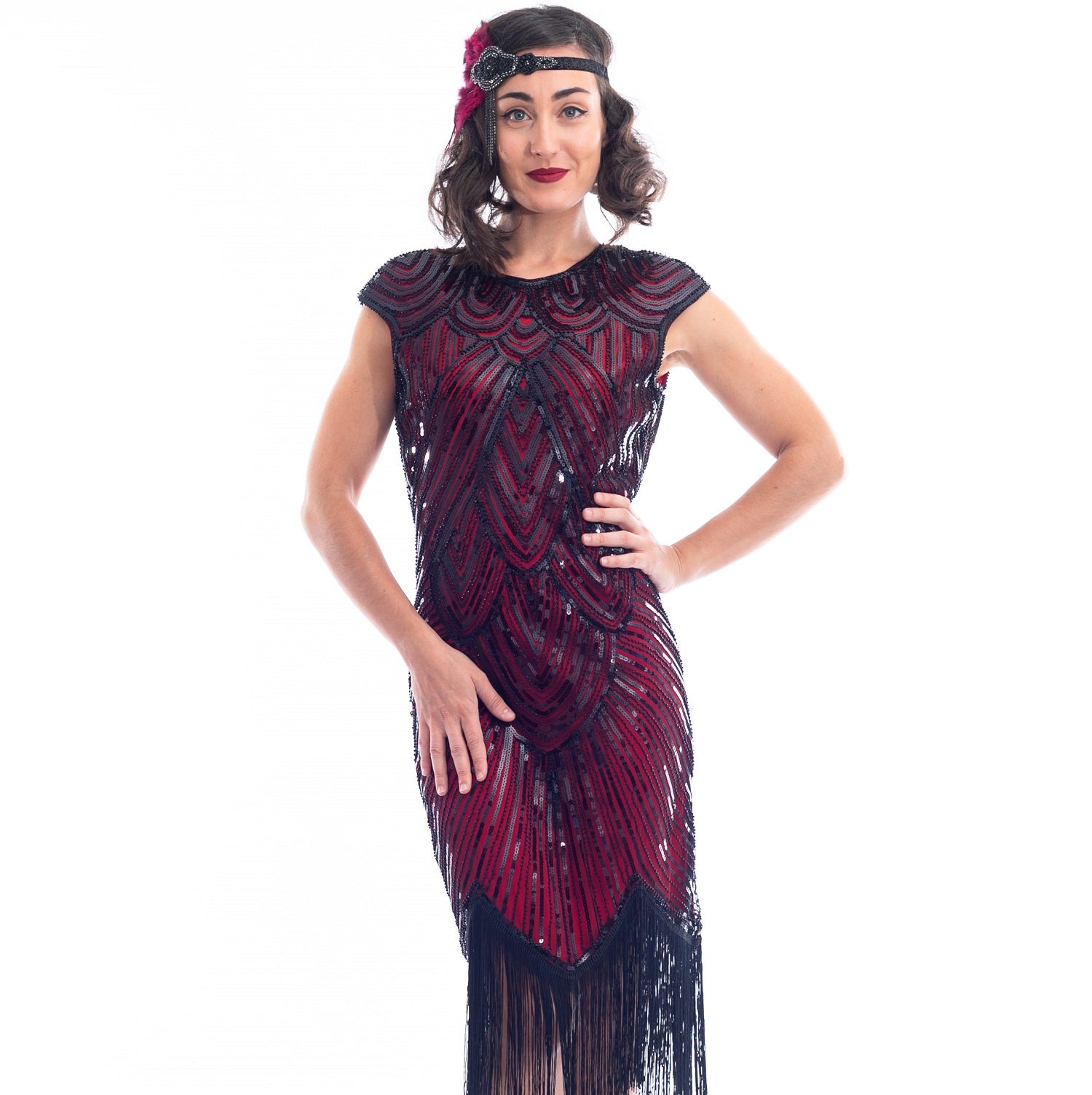 Plus Size Red & Black Beaded Mable Flapper Dress