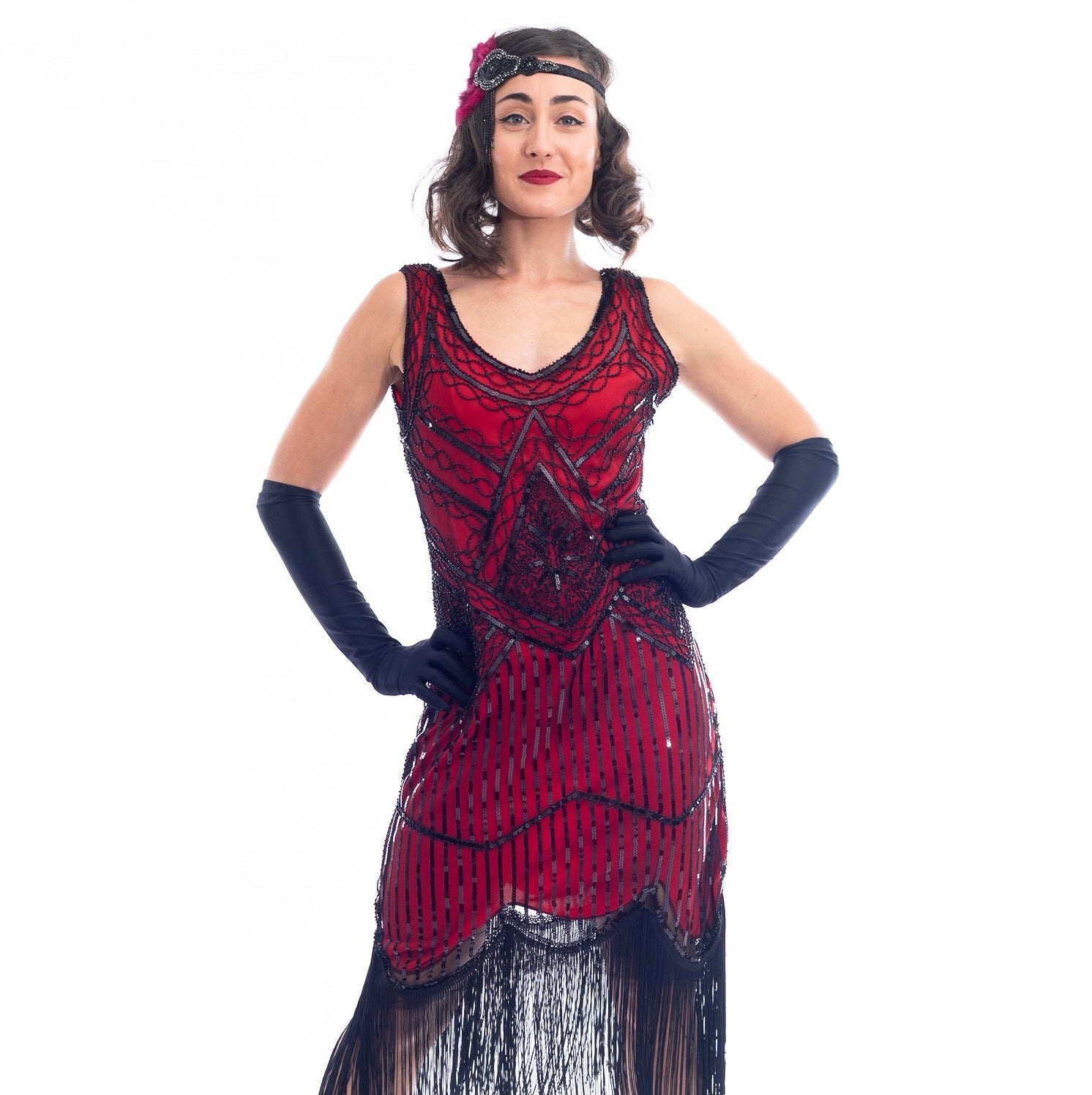 Plus Size Red & Black Beaded Stella Flapper Dress