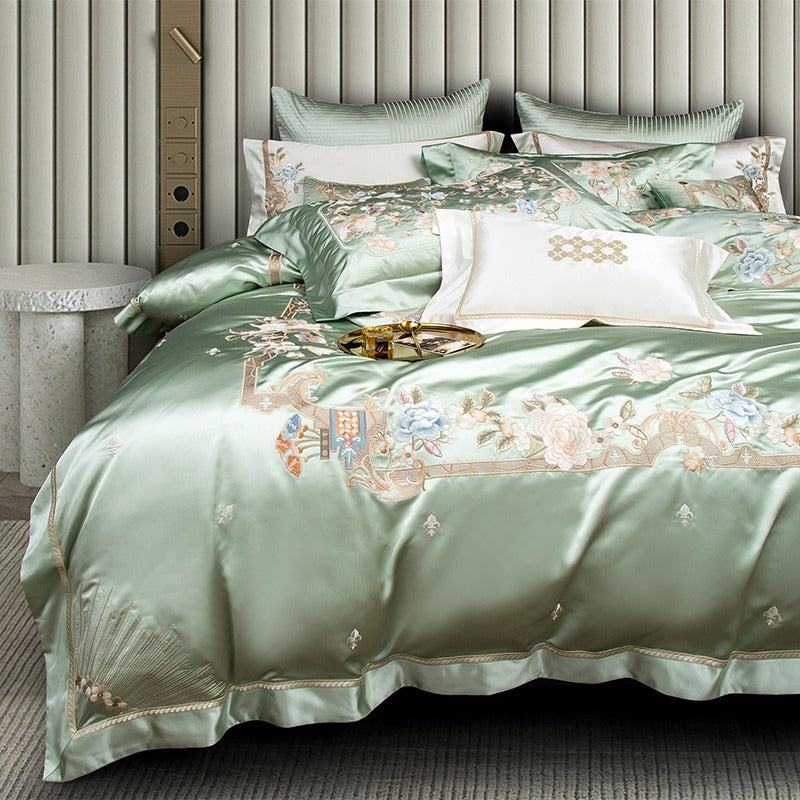 Rosalee Royal Gold And Green Embroidered Egyptian Cotton Bedding Set