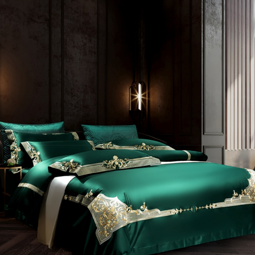 Rosalee Royal Gold And Green Embroidered Egyptian Cotton Bedding Set