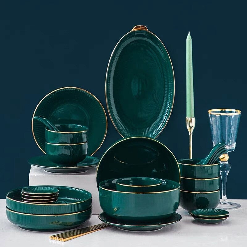 Emerald Green Gold Trim Ceramic Dinnerware – ModernSpaceLiving