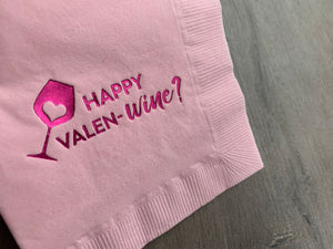 closeup of the Happy Valen-wine cocktail napkin with magenta foil by Stationare Valentines Day napkins