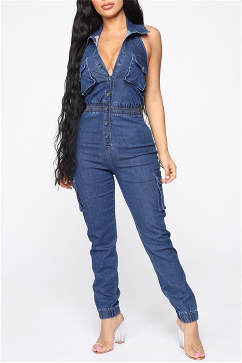 open back denim jumpsuit