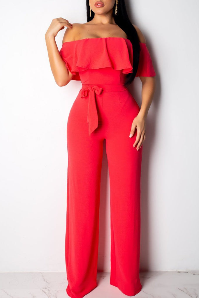 off one shoulder pierced belted wide leg jumpsuit