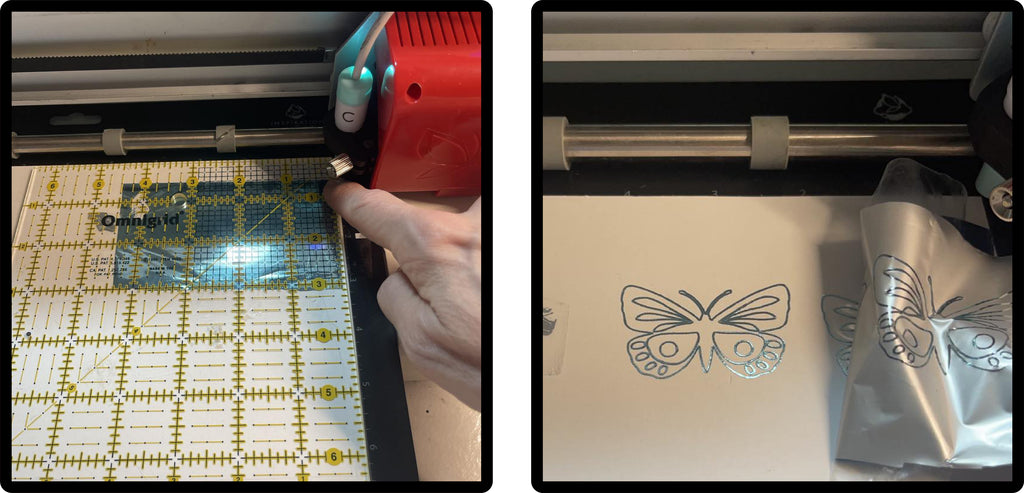 wrmk foil quill example on the machine with peeled back foil revealing butterfly
