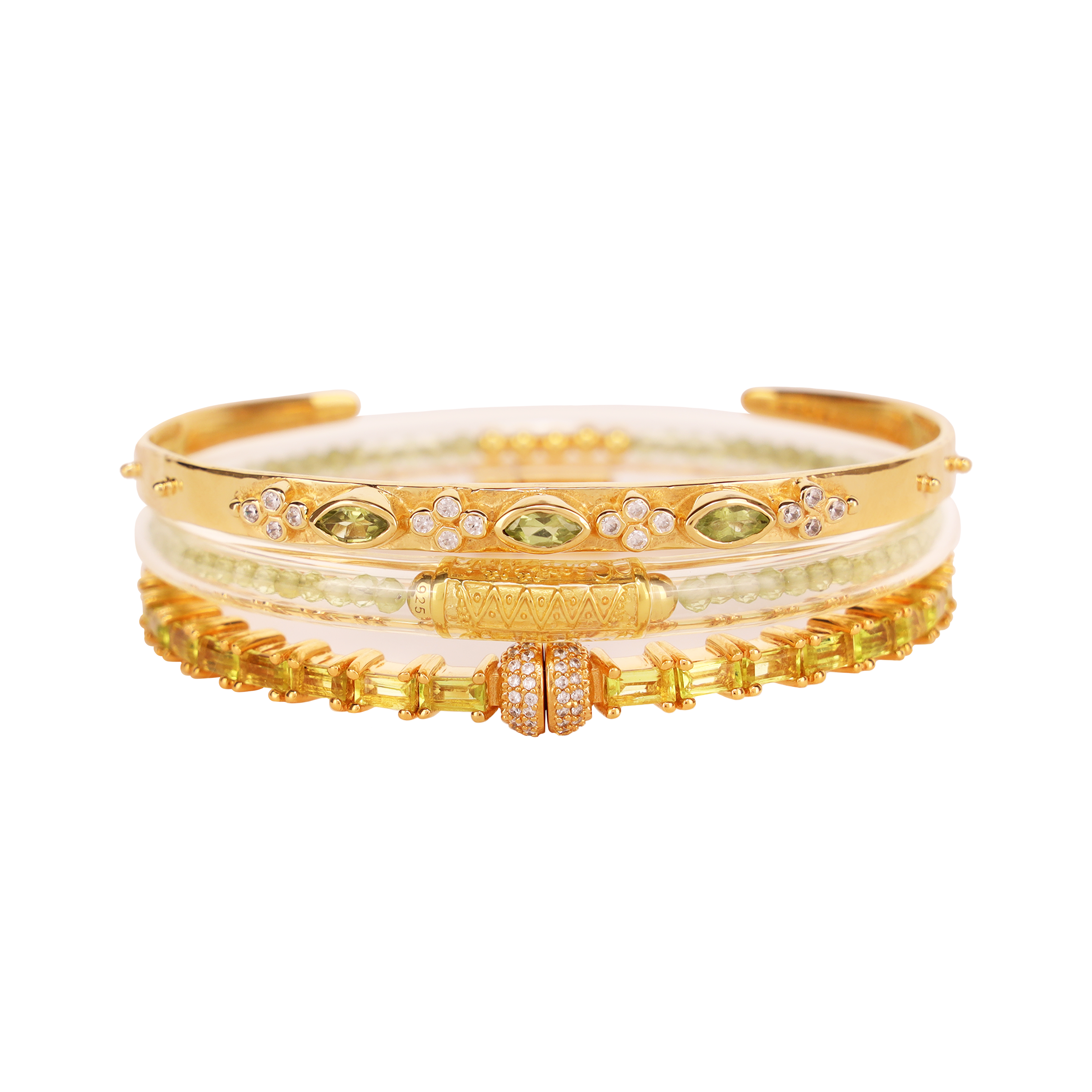 August Birthday Stack Bangle Bracelets for Women - Peridot Luxe All Weather Bangles, Gold Tzubbie All Weather Bangles and Peridot Aurora Crystal bangle bracelet | BuDhaGirl