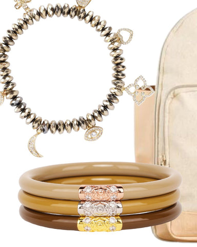 Beige Backpack with Neutral Ombre All Weather Bangle Bracelets Myth Beaded Bracelet..