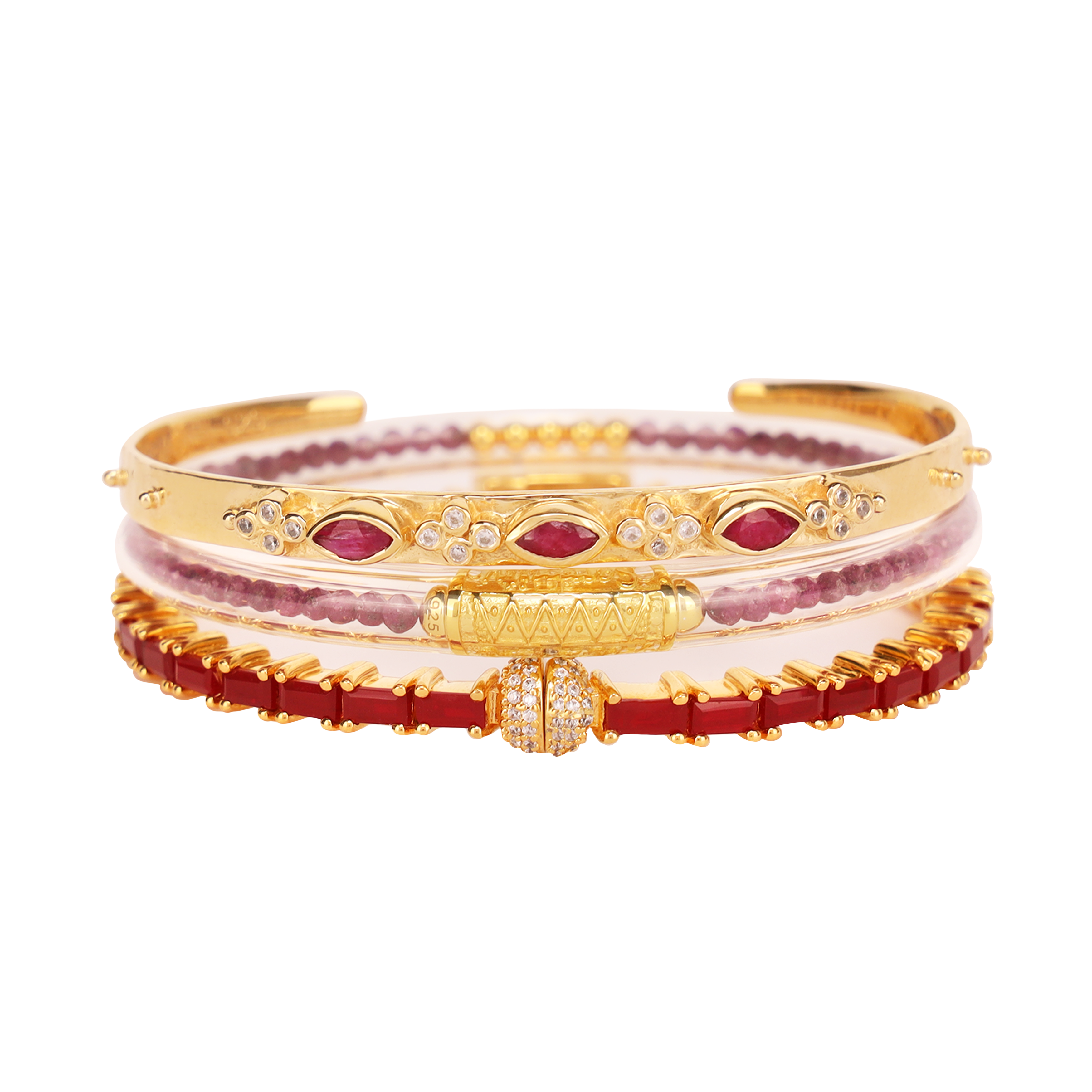 July Birthday Stack Bangle Bracelets for Women - Ruby Luxe All Weather Bangles, Gold Tzubbie All Weather Bangles and Ruby Aurora Crystal bangle bracelet | BuDhaGirl