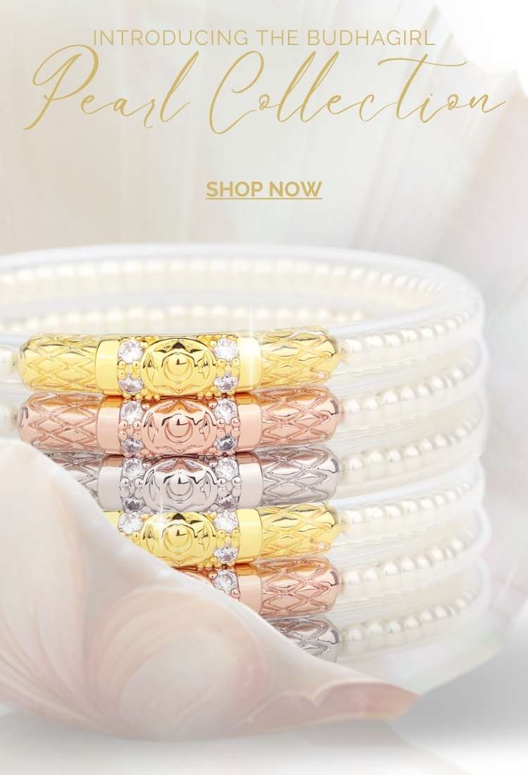 BuDhaGirl Pearl Collection Banner Featuring Bracelet Stack of White Pearl Three Queens All Weather Bangle Bracelets Inside a Shell | BuDhaGirl 