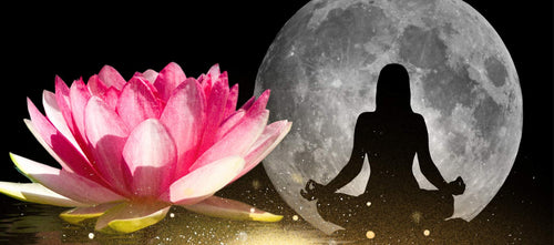 Silhouette of Woman Meditating in Front of Moon with Pink Lotus in Foreground | BuDhaGirl