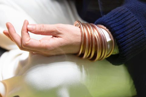 Women wearing Rose Gold All Weather Bangle Bracelets | BuDhaGirl