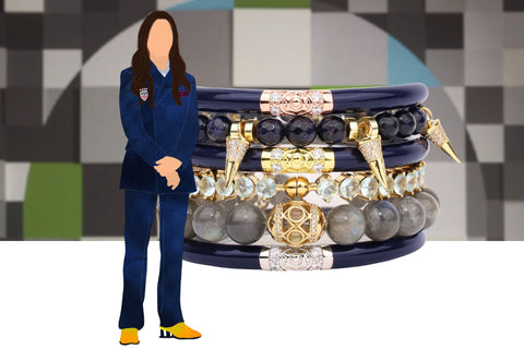 An illustration of Alex Morgan standing in front of a Alex morgan inspired stack.