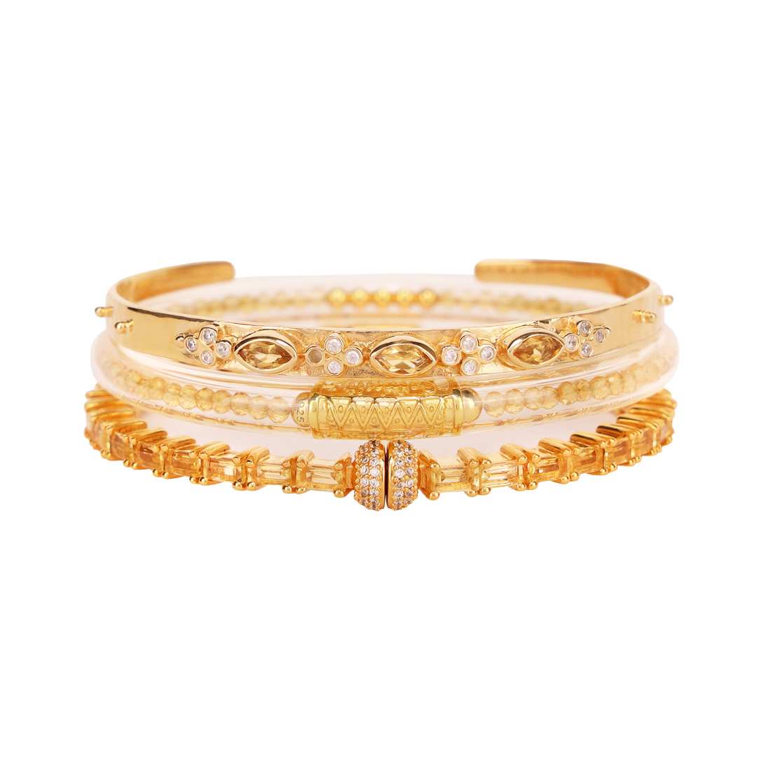 November Birthday Stack Bangle Bracelets for Women - Citrine Luxe All Weather Bangles, Gold Tzubbie All Weather Bangles and Citrine Aurora Crystal bangle bracelet | BuDhaGirl