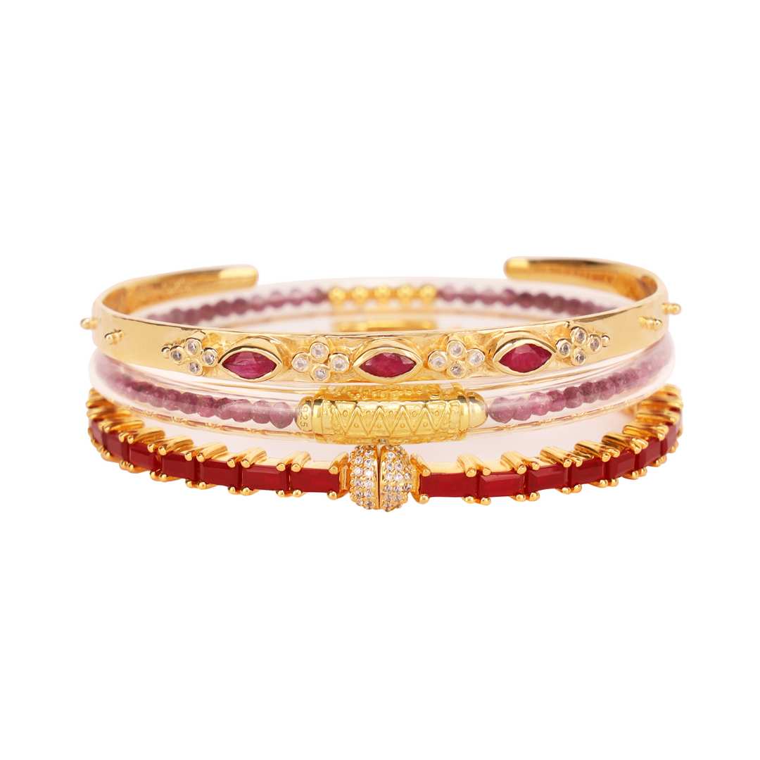 July Birthday Stack Bangle Bracelets for Women - Ruby Luxe All Weather Bangles, Gold Tzubbie All Weather Bangles and Ruby Aurora Crystal bangle bracelet | BuDhaGirl