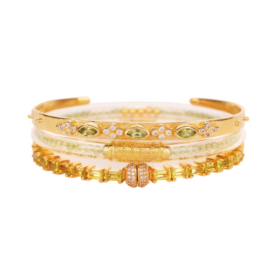 August Birthday Stack Bangle Bracelets for Women - Peridot Luxe All Weather Bangles, Gold Tzubbie All Weather Bangles and Peridot Aurora Crystal bangle bracelet | BuDhaGirl