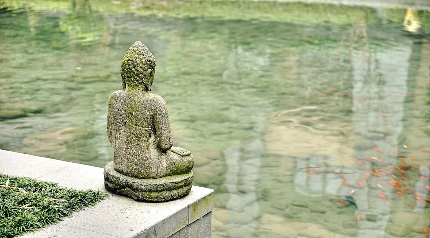 Buddha mit Blick auf den Teich im Zen Garden | Budhabrief von BuDhaGirl 