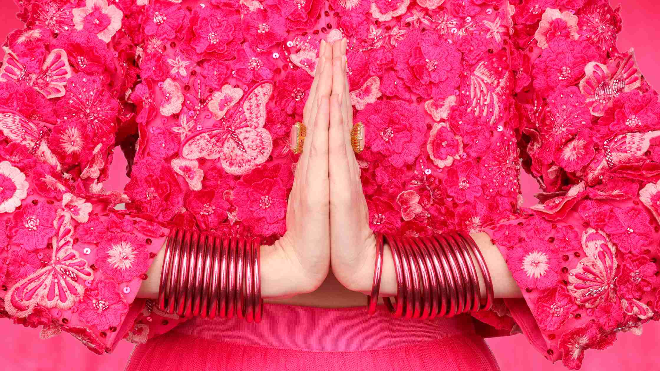 Woman wearing Pink All Weather Bangle Bracelets | BuDhaGirl