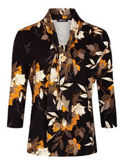 Frank Walder top/blouse burnt orange, grijs en off-white bloemdessin op zwarte basis