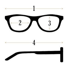 De afmetingen van de bril weergegeven