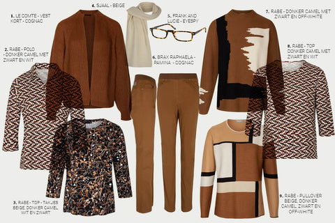 Shop the look met uitgesproken camel, burnt orange kleuren