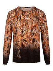LeComte pullover trui met ronde hals in warm dessin beige, burnt orange en zwart