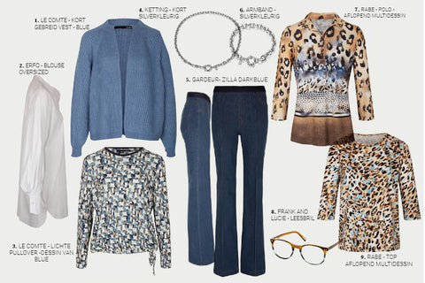 Shop the look Daily Blue met leopard, panter prints, gecombineerd met een sportieve jeans, oversized witte blouse en blauw vest