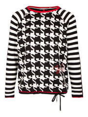 Rabe pullover tuniek met ronde hals in streep en pied de coq in zwart, rood en off-white