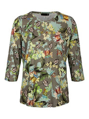 Rabe top met ronde hals in multicolor bloemdessin taupe, khaki en frisse kleuren